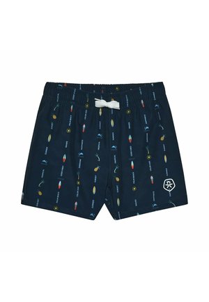 Shorts de bain bleu marine avec taille élastique et cordon blanc, présentant des motifs verticaux de planches de surf, palmiers, soleils et mots liés aux vacances.