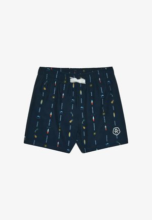 Marineblaue Badeshorts mit elastischem Taillenband und weißem Kordelzug, mit vertikalen Mustern aus Surfbrettern, Palmen, Sonnen und Urlaubswörtern.