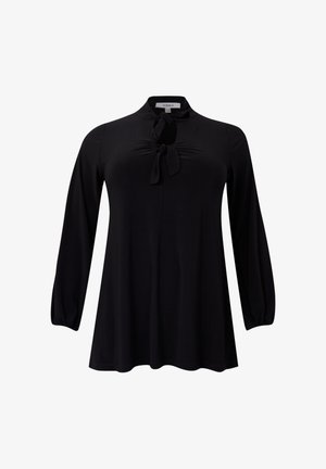 Schwarze Bluse mit langen Ärmeln, gerafftem Schlüsselloch-Ausschnitt und gebundenem Schleifendetail, lockerer Schnitt und elastischen Bündchen.