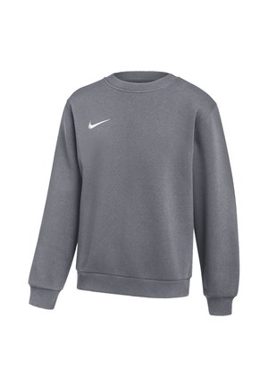 Grå Nike sweatshirt med lange ærmer, rund hals, ribkant ved ærmer og bund, samt hvid Nike swoosh-logo på øverste venstre bryst.