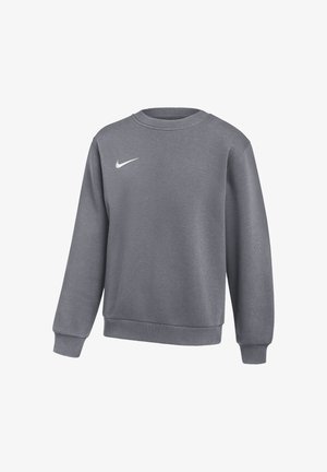 Szara bluza Nike z długim rękawem, okrągłym dekoltem, prążkowanymi mankietami i końcówką oraz białym logo Nike w kształcie łyżwy na górnej lewej części klatki piersiowej.