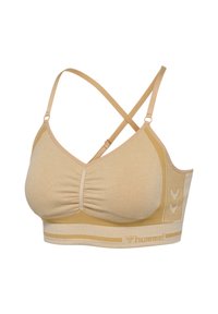 Hellbrauner Sport-BH mit gekreuzten verstellbaren Trägern, gerafftem Vorderteil in der Mitte und hummel-Logo auf dem breiten elastischen Unterbund.
