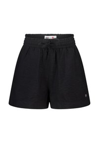 Mustat shortsit, jotka on valmistettu kevyestä kankaasta ja joissa on joustava vyötärö ja nyöri. Torsteella on hienovarainen teksturoitu kuvio ja sivutaskut.