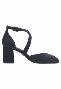 Chaussure noire à bout fermé avec talon bloc, bride à la cheville et fermeture à boucle, vue de côté sur fond blanc.