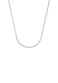 Srebrna bransoleta z ogniwem typu curb z ściśle ciasno połączonymi ogniwami, wyeksponowana na białym tle.