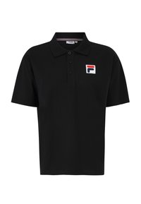 Svart polo-shirt i bomull, med en tre-knapps placket, korta ärmar och en liten broderad logga i röd, vit och blå.