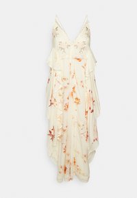 Flaxig, krämfärgad klänning med blommönster i nyanser av rosa och orange. Har volanglager och justerbara spaghettiband. Broderade detaljer.
