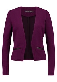 Blazer viola con texture, scollatura a V, maniche lunghe e dettagli in finta pelle sulle tasche frontali. Design aperto senza chiusure.
