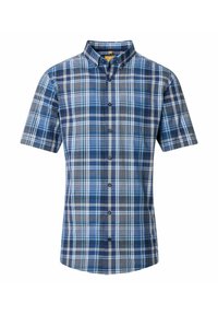 Kurzarm-Hemd mit Knöpfen im blau-grauen karrierten Muster, ausgestattet mit einem klassischen Kragen, aus Baumwollstoff und mit einer vorderen Knopfverschluss.