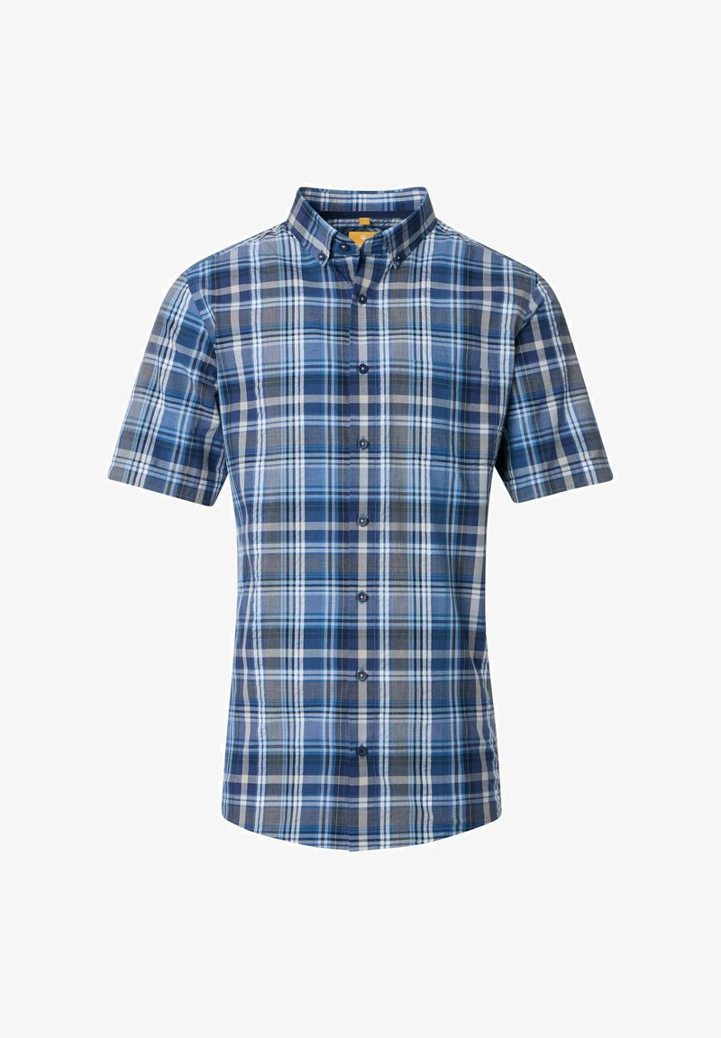 Korte mouwen button-up shirt in blauw en grijs geruit patroon, met een klassieke kraag, katoen stof en een voorkant met knoopsluiting.