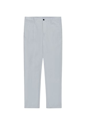 Jasnoszare spodnie o prostych nogawkach z szlufkami na pasek, czarnym guzikiem, zamkiem błyskawicznym i kieszeniami bocznymi, pokazane na płasko na białym tle.