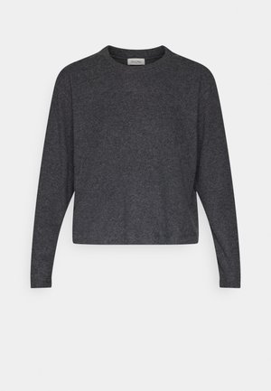 Grafito ilgo rankovės viršus, pagamintas iš švelnios medžiagos, su apvaliu iškirpimu ir sutrumpintu dizainu, turintis lygią, vienodą tekstūrą.