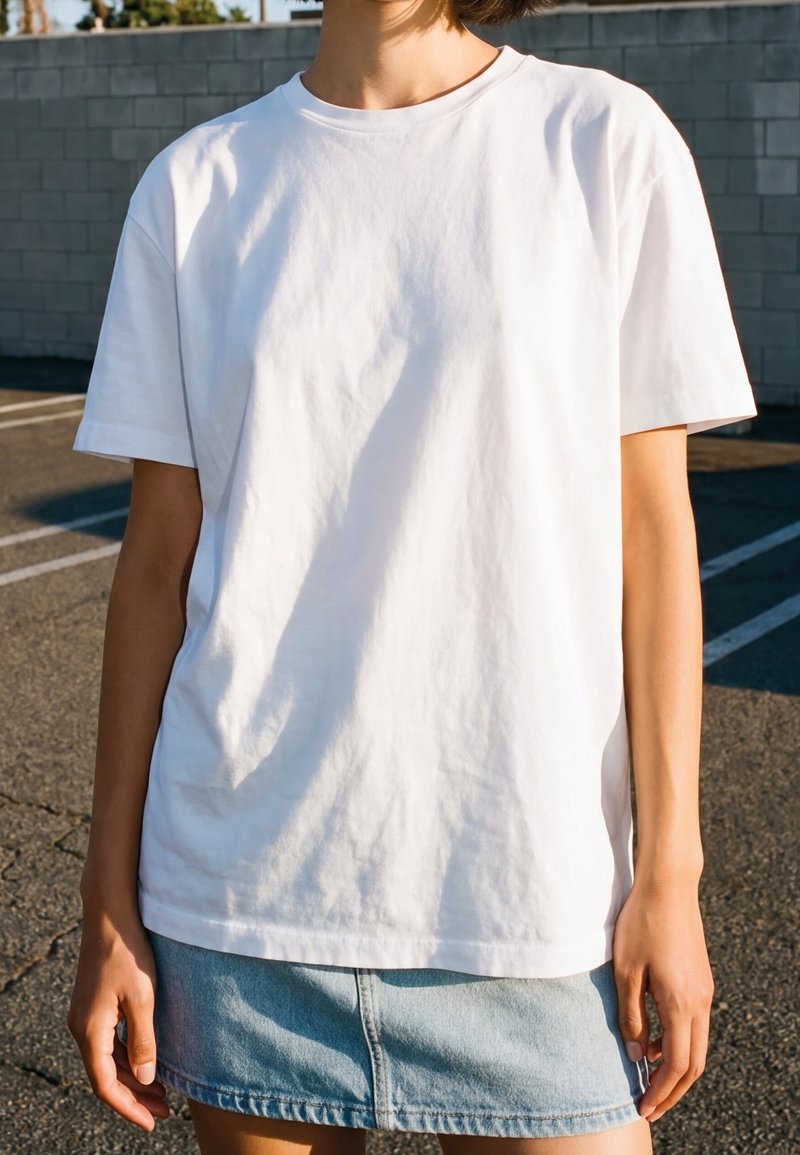 Personne portant un t-shirt blanc uni à manches courtes et une jupe en jean bleu clair, debout à l'extérieur sur l'asphalte près d’un mur en blocs de béton.