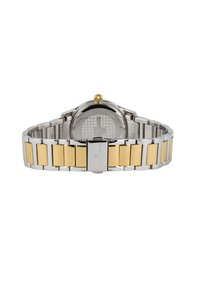 Orologio in acciaio inossidabile con bracciale in metallo silver e oro, cassa rotonda e quadrante argentato testurizzato con corona dorata.