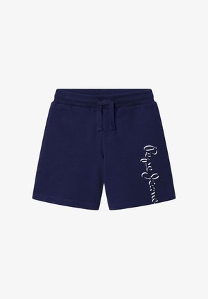 Marineblaue Freizeitshorts mit elastischem Bund, vorderem Kordelzug und weißem vertikalem "Pepe Jeans"-Logo am rechten Bein.