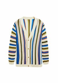Cardigan a righe con una base color crema, caratterizzato da motivi verticali in blu, rosso, verde e nero. Chiusura con bottoni e texture a maglia.