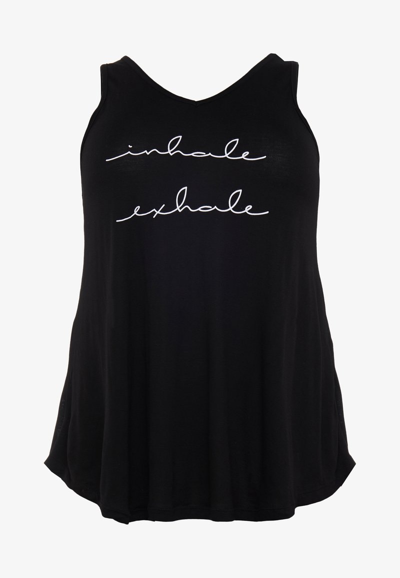 Haut sans manches noir avec un texte en cursive blanche disant "inhale" et "exhale" sur le devant, coupe ample avec légère évasement à l'ourlet.
