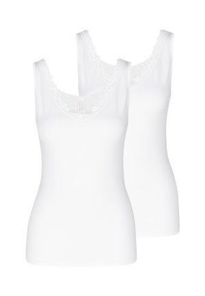 Deux débardeurs blancs sans manches avec un bord en dentelle autour de l'encolure, présentés sur un fond blanc.