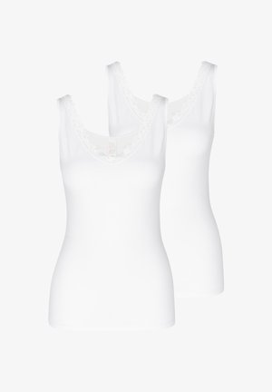 Deux débardeurs blancs sans manches avec un bord en dentelle autour de l'encolure, présentés sur un fond blanc.