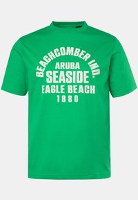 Zelené bavlněné tričko s kulatým výstřihem, na kterém jsou bílé nápisy: "BEACHCOMBER IND. ARUBA SEASIDE EAGLE BEACH 1880". Krátké rukávy.