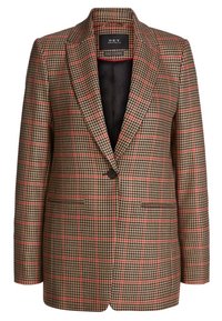 Blazer a quadri marrone e beige con accenti rossi, colletto a rotondo, chiusura con un singolo bottone e due tasche frontali, dotato di un interno morbido.