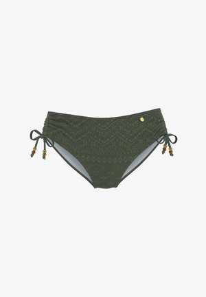 Dark green bikini bottoms with textured geometric patterns and side ties adorned with wooden and gold beads.