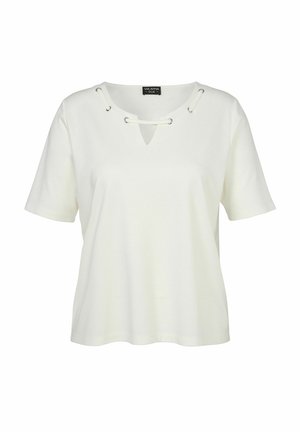 Weißes Kurzarm-T-Shirt mit einem Schlüsselloch-Ausschnitt und Schnürdetails sowie silbernen Ösen. Hergestellt aus weichem Stoff mit lockerer Passform.