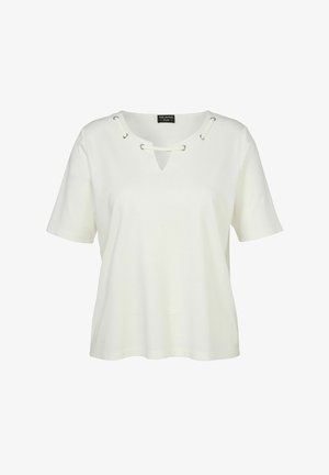 Witte T-shirt met korte mouwen, voorzien van een keyhole-halslijn met vetersluiting en zilveren ogen. Gemaakt van zachte stof met een comfortabele pasvorm.