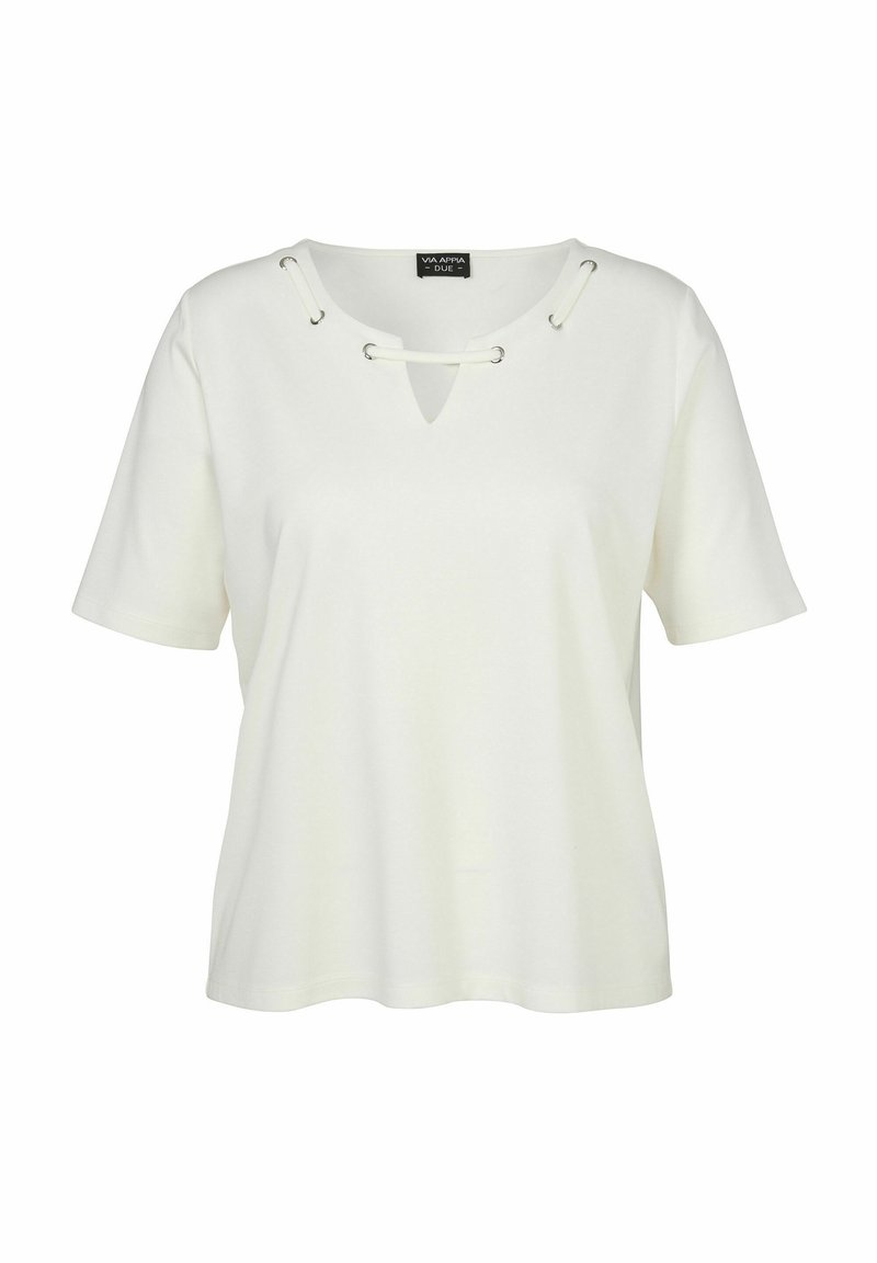 Weißes Kurzarm-T-Shirt mit einem Schlüsselloch-Ausschnitt und Schnürdetails sowie silbernen Ösen. Hergestellt aus weichem Stoff mit lockerer Passform.
