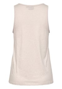 Beiger ärmelloser Tanktop mit rundem Ausschnitt, einfarbigem Rücken und feiner Textur, dargestellt vor weißem Hintergrund.