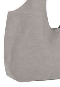 Szürke színű, sima tapintású velúr bevásárlótáska, lekerekített formával és nyitott tetejű kialakítással. A varrásoknál precíz öltésekkel díszített.