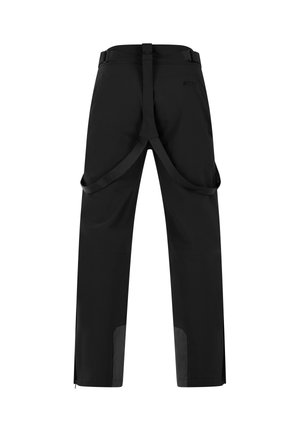 Schwarze wasserdichte Hose mit verstellbaren Trägern und verstärkten Knöchelpatches, von hinten dargestellt.