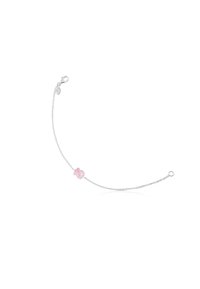 Braccialetto d'argento con una delicata catena che presenta un accento a forma di fiore in pietra rosa chiaro al centro e una chiusura a gancio.