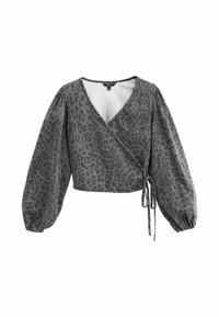 Grey wrap blouse with leopard print, featuring puffed long sleeves, a deep V-neck, and a tie closure at the waist. Textured fabric.