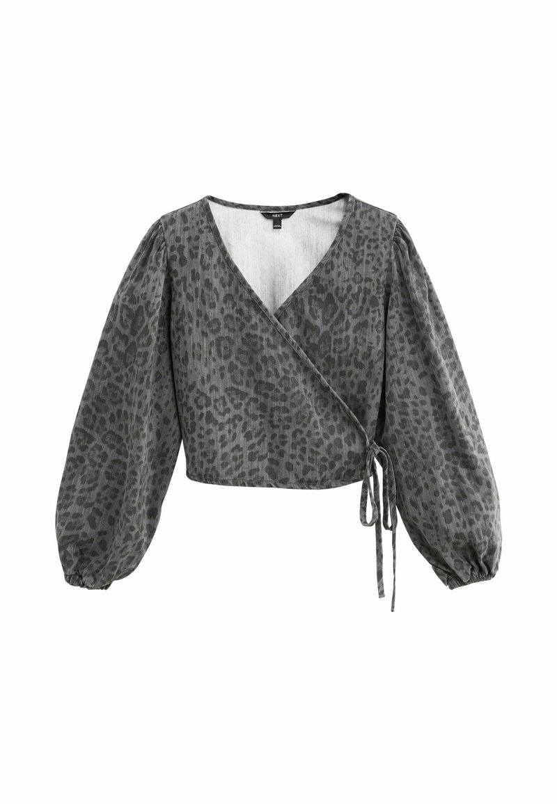 Grey wrap blouse with leopard print, featuring puffed long sleeves, a deep V-neck, and a tie closure at the waist. Textured fabric.