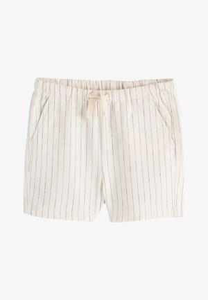 Pantaloncini in cotone beige con sottili strisce nere verticali, vita elastica, coulisse e tasche laterali.