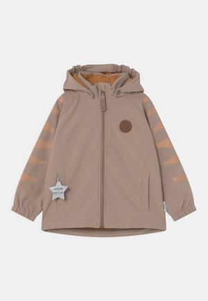 Beige Kapuzenjacke für Kinder mit durchgehendem Frontreißverschluss, orange gestreiften Ärmeln, zwei Taschen und einem sternförmigen reflektierenden Anhänger an der linken Tasche.