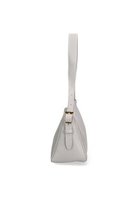 Borsa a tracolla triangolare grigia in pelle con finitura texturizzata, dotata di una lunga tracolla e dettaglio della fibbia in tono oro.
