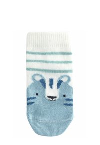 Calzini di cotone blu e bianchi con design di una faccia d'orso, con motivi a strisce in un verde acquamarina chiaro. Orlo a costine testurizzato nella parte superiore.