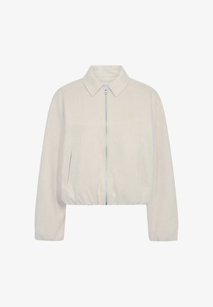 Cropped beige jacket with a collar, front zipper, and two side pockets. Made from soft fabric with a smooth texture.