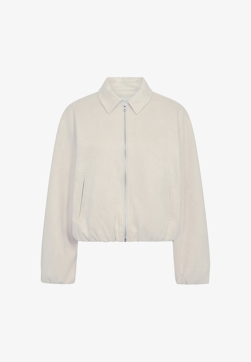 Cropped beige jacket with a collar, front zipper, and two side pockets. Made from soft fabric with a smooth texture.