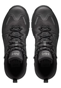 Scarpe da trekking nere con tomaia in rete e accenti in materiale sintetico, colletto imbottito e suola in gomma texture per una presa migliore. Lacci con regolatori.