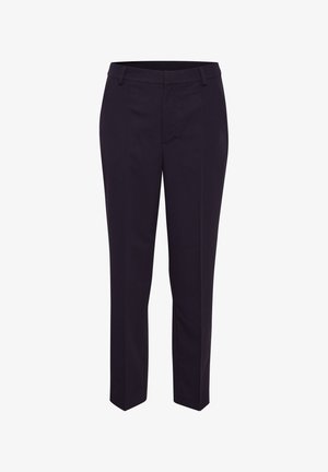 Dark navy trousers featuring a straight-leg design, smooth fabric texture, belt loops, and front pocket detailing.