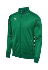 Groene sportjack met een rits aan de voorkant, hoge kraag en zwart-wit gestreepte accenten aan de zijkanten. Gemaakt van glad, glanzend materiaal.