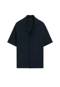 Short-sleeve button-up shirt in dark navy wool blend, featuring a shawl collar and ribbed hem, with five front buttons for closure.