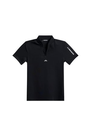 Svart pikétröja med korta ärmar och dragkedja vid kragen, med en vit logotyp på bröstet och texten "J. Lindeberg" på höger ärm. Slät textur.