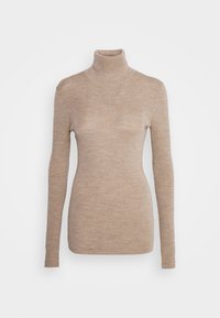 Långärmad, beige polotröja med ribbad struktur och figurnära passform. Mjukt tyg med hög krage och minimala sömmar.