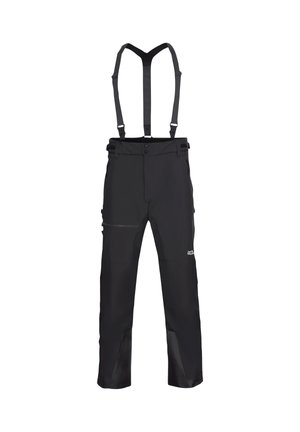 Schwarze wasserdichte Hose mit verstellbaren Trägern, Knopf- und Reißverschluss, Fronttaschen und verstärkten unteren Bereichen für Langlebigkeit.