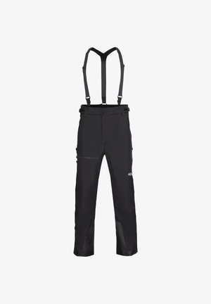 Black waterproof pants with adjustable suspenders, button and zipper closures, front pockets, and reinforced lower sections for durability.