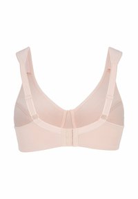 Weiches pinkes BH mit verstellbaren Trägern und dreireihigem Hakenverschluss, flach auf weißem Hintergrund liegend dargestellt.